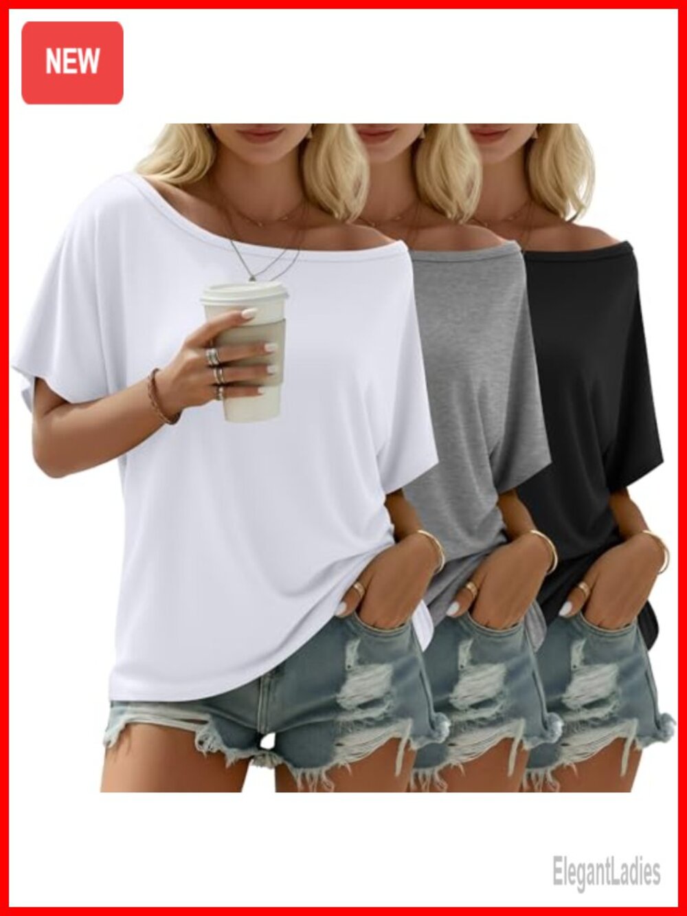 3 Pack Off Shoulder Tunic Tops Loose Fit Flowy Short Sleeve T-Shirt